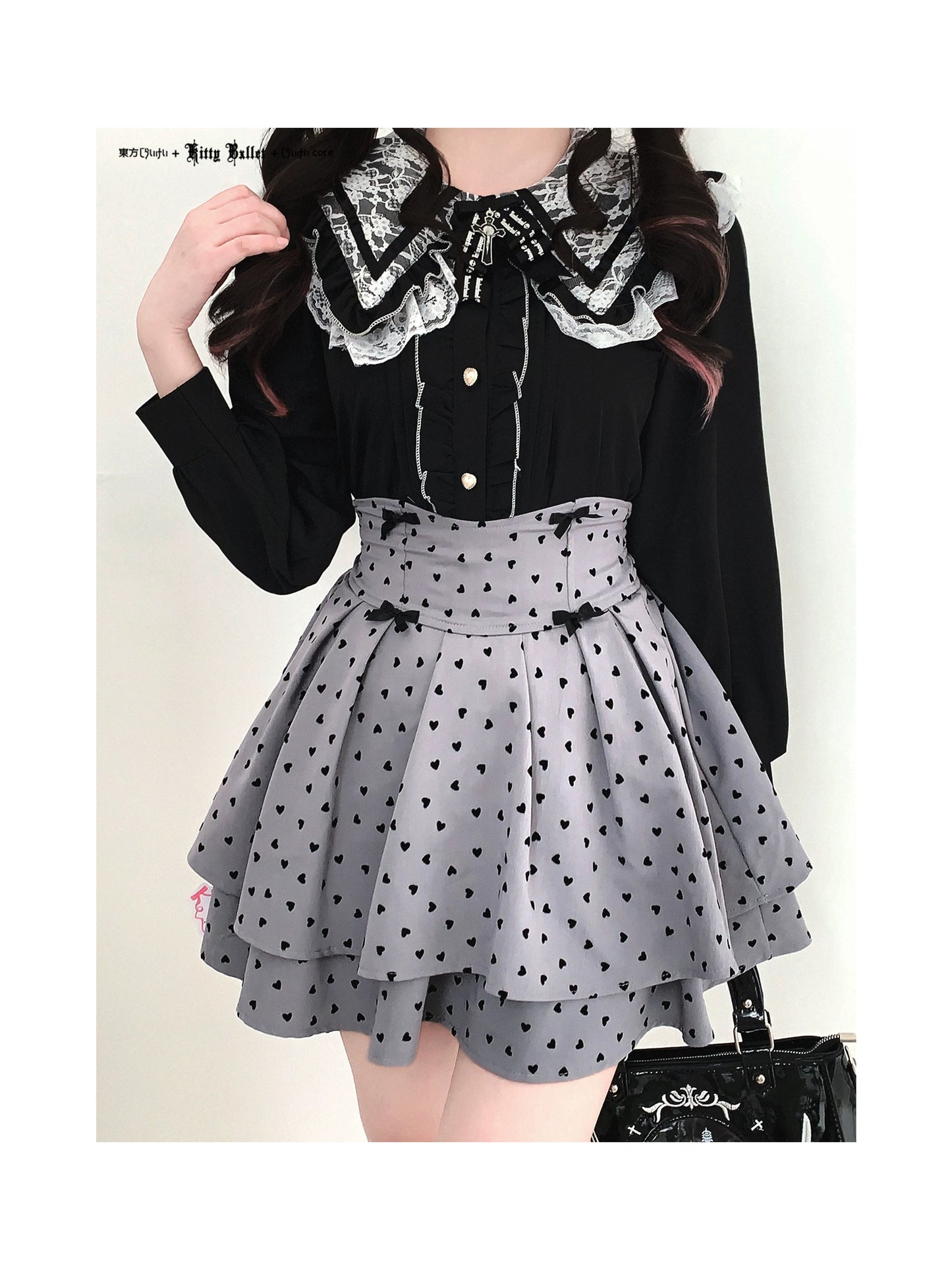 KittyBxllet Original “Lace Revolution” Tie-Strap Off-Shoulder Chiffon Top with Lace Ruffle Hem Long Sleeves