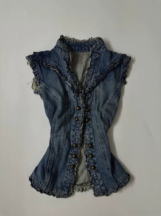 Gothic Rose Original Vintage-Inspired Blue Lace Fitted Slimming Sleeveless Top for Women—A Unique Style to Pair with Denim Vests