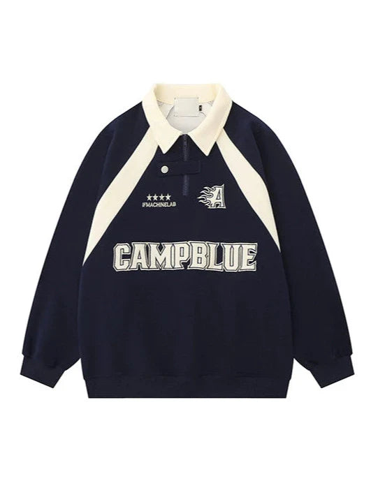 American Retro Block Color Polo Collar Loose Sweatshirt Dark blue (regular)