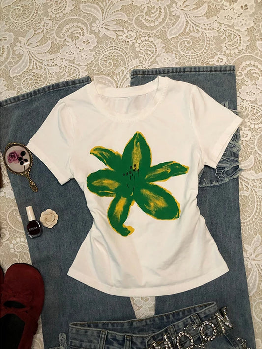 Watercolor Floral Print Crewneck Short Sleeve T-Shirt for Women Summer New Vintage Thrift Style