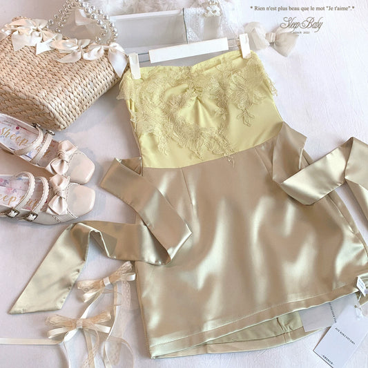 End-of-Season Sale Joykik* Vintage Color-Block Glossy Satin Embroidered Lace Appliqué Bustier Dress