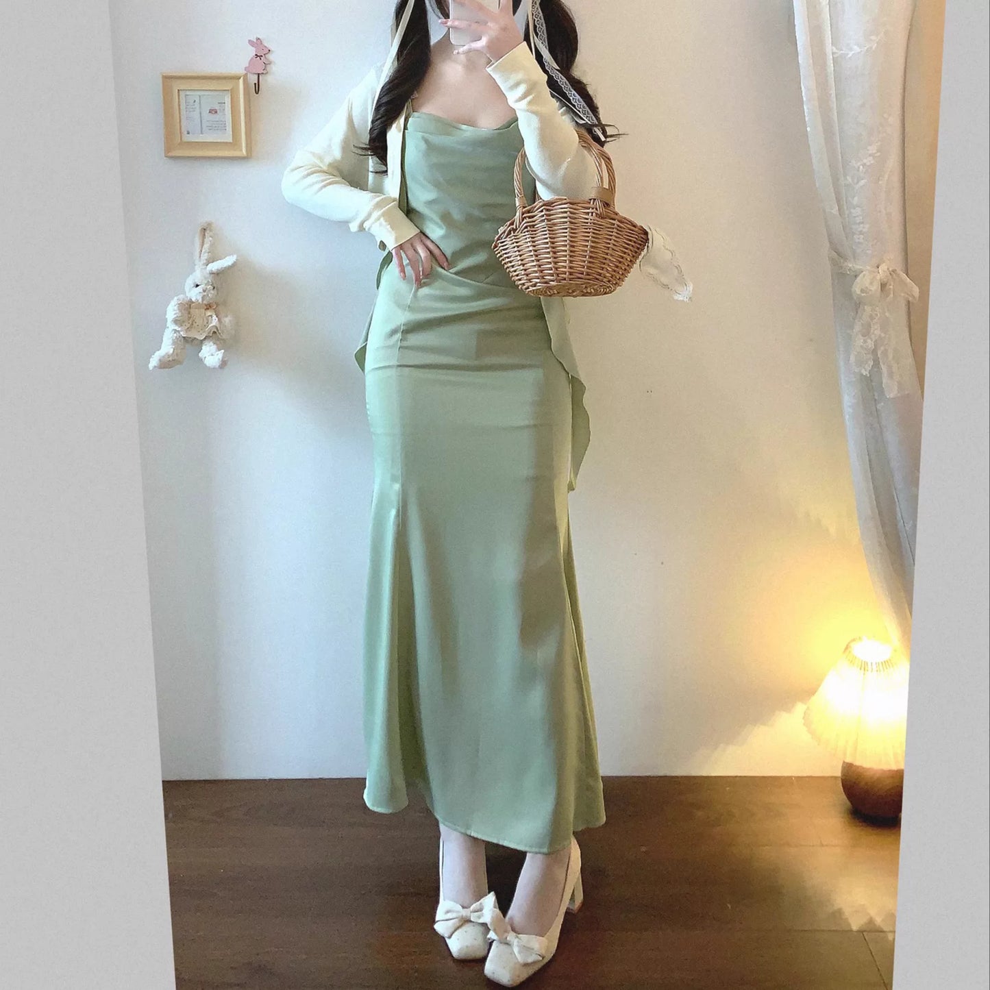 Last-Stock Ssz Green Satin French Romantic Vintage Sweetheart Neck Draped Tie Fitted Mermaid Elegant Slip Dress