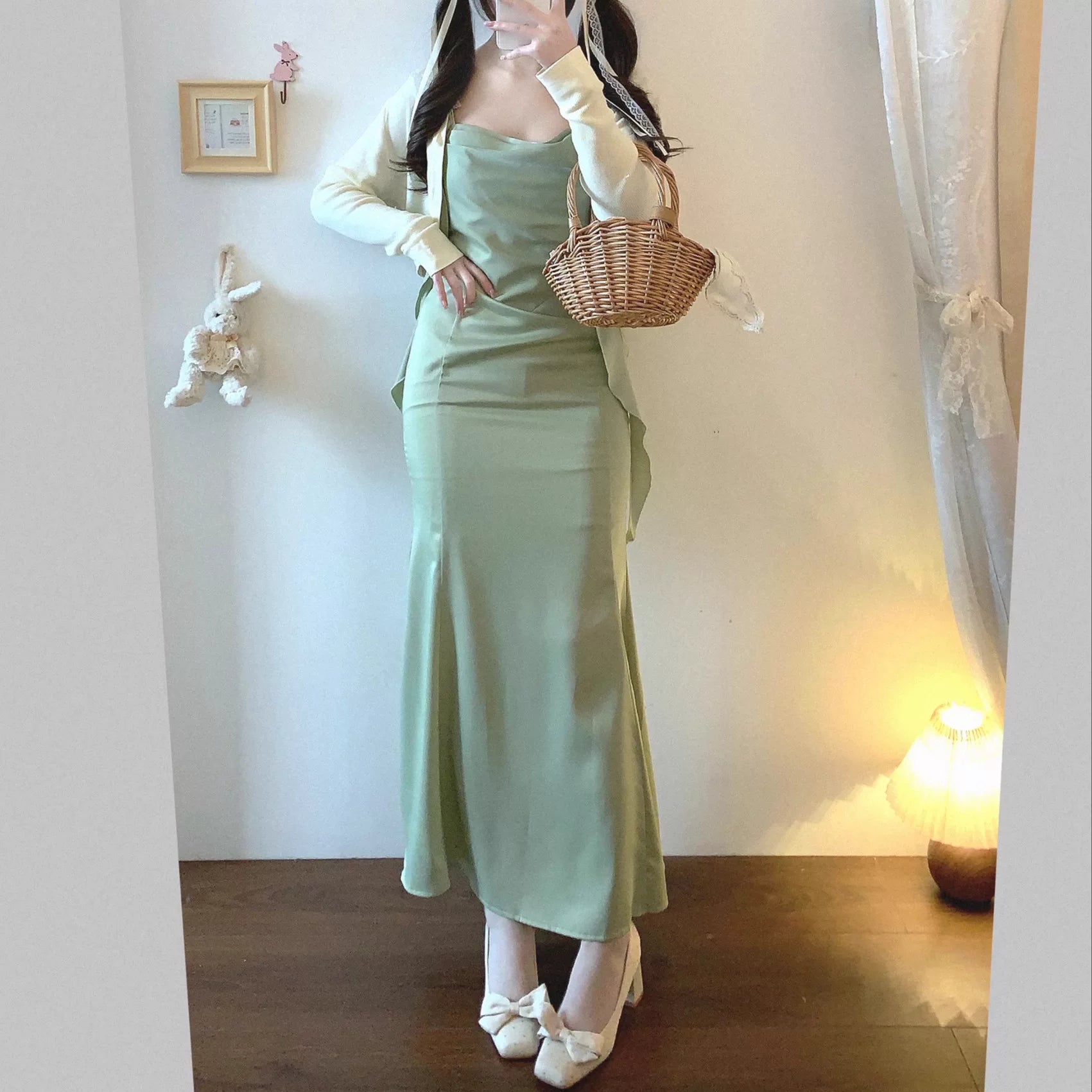 Last-Stock Ssz Green Satin French Romantic Vintage Sweetheart Neck Draped Tie Fitted Mermaid Elegant Slip Dress
