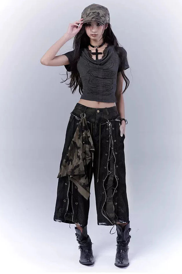 Camouflage Distressed Cropped Pants + Scarf