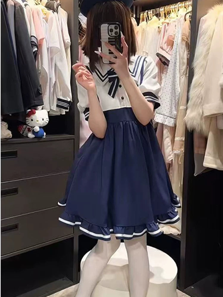Japanese 2026 Sweet New Academy Summer Dress with Sailor Collar and Butterfly Lace Bow Lolita Princess Dress
