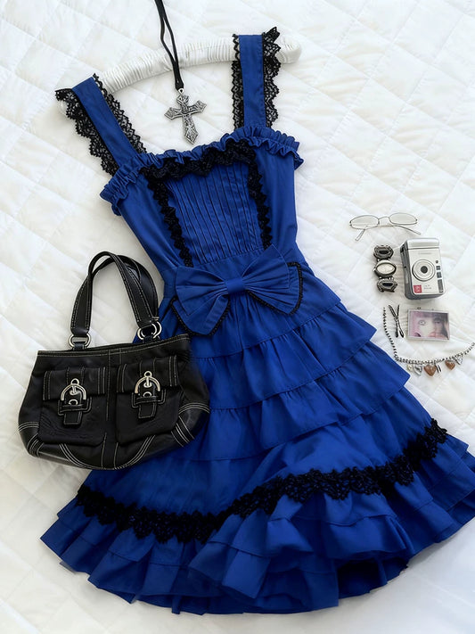 Blue Lace Panel Slimming Fit Cami Dress, Petite Unique Design for Women, Summer New Style