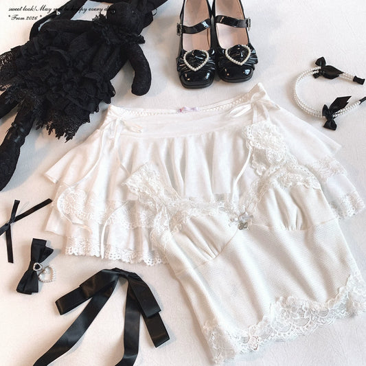 French Lace Cami Top | Bow Detail Waffle Knit Coquette Tank