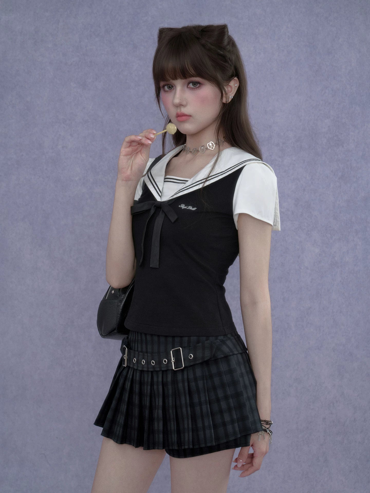 SagiDolls Girls’ Sweet & Spicy Y2K College Style Black-and-White Sailor Collar Top Fitted Flattering Slimming Versatile for Summer