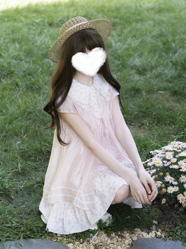 LaLa Sauce — Flower Never Asleep, Original Sweet Doll-Collar Loose Two-Piece Look Pink Floral Dress for Summer
