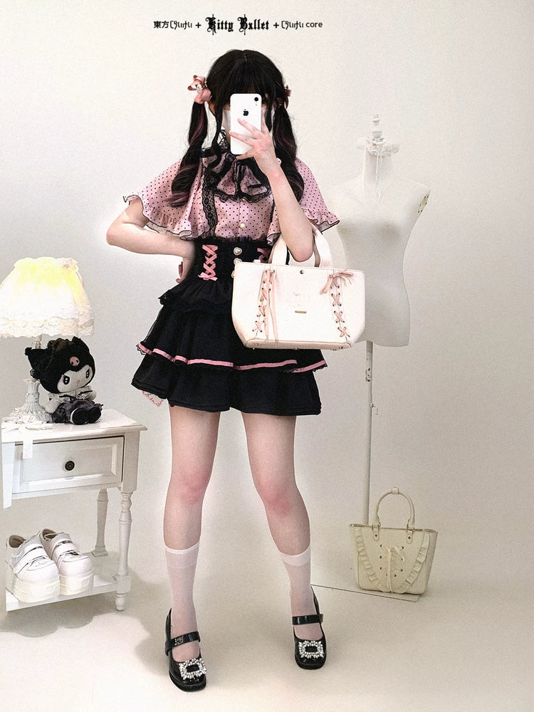 KittyBxllet Original [Butterfly Princess / Polka Dot] Ruffled Sleeveless Shawl-Style Chiffon Tie Shirt