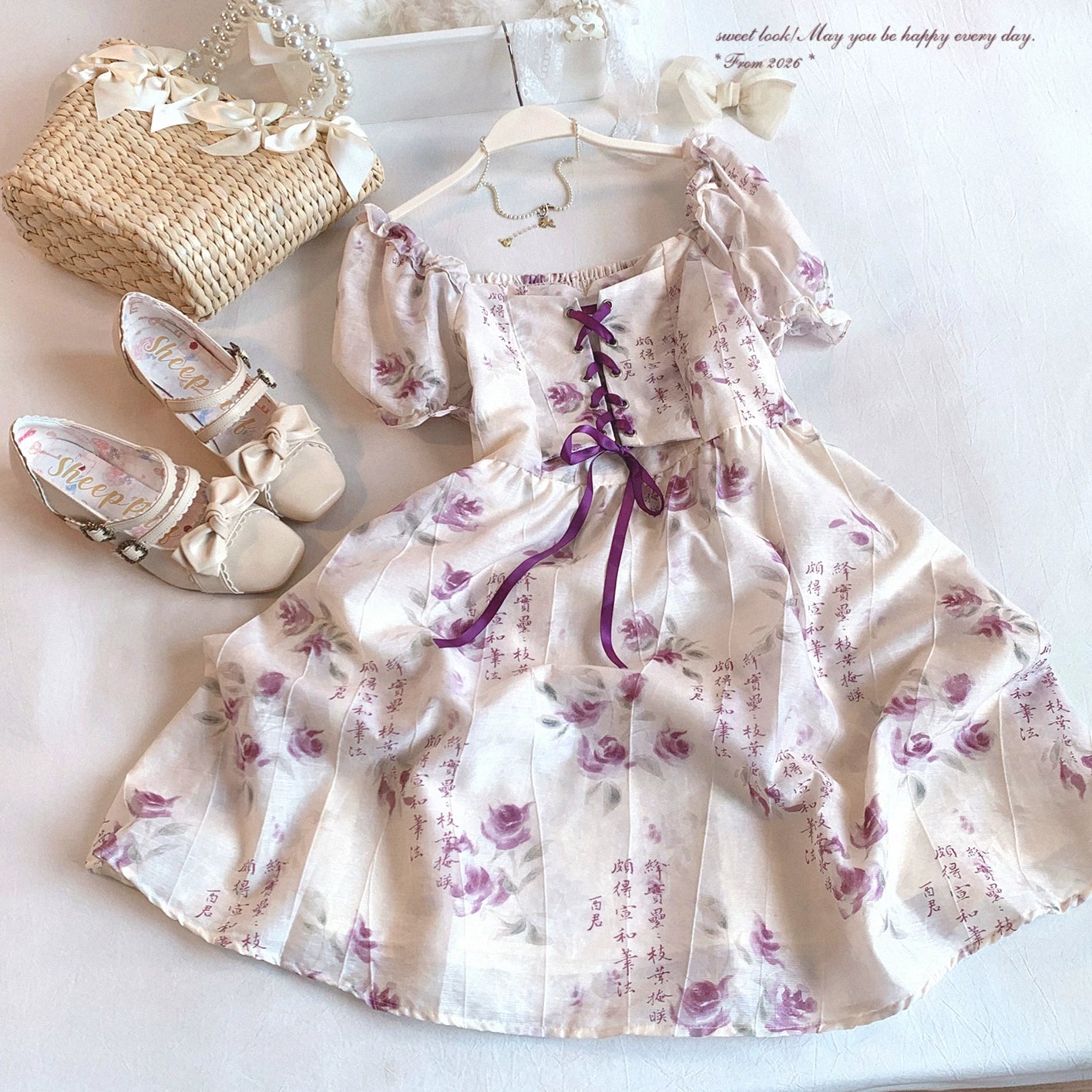 Last-Season Deal Rose-Purple New Chinese-Style Retro Watercolor Ink Floral Print Tie-Back Puff Sleeve Dress *f