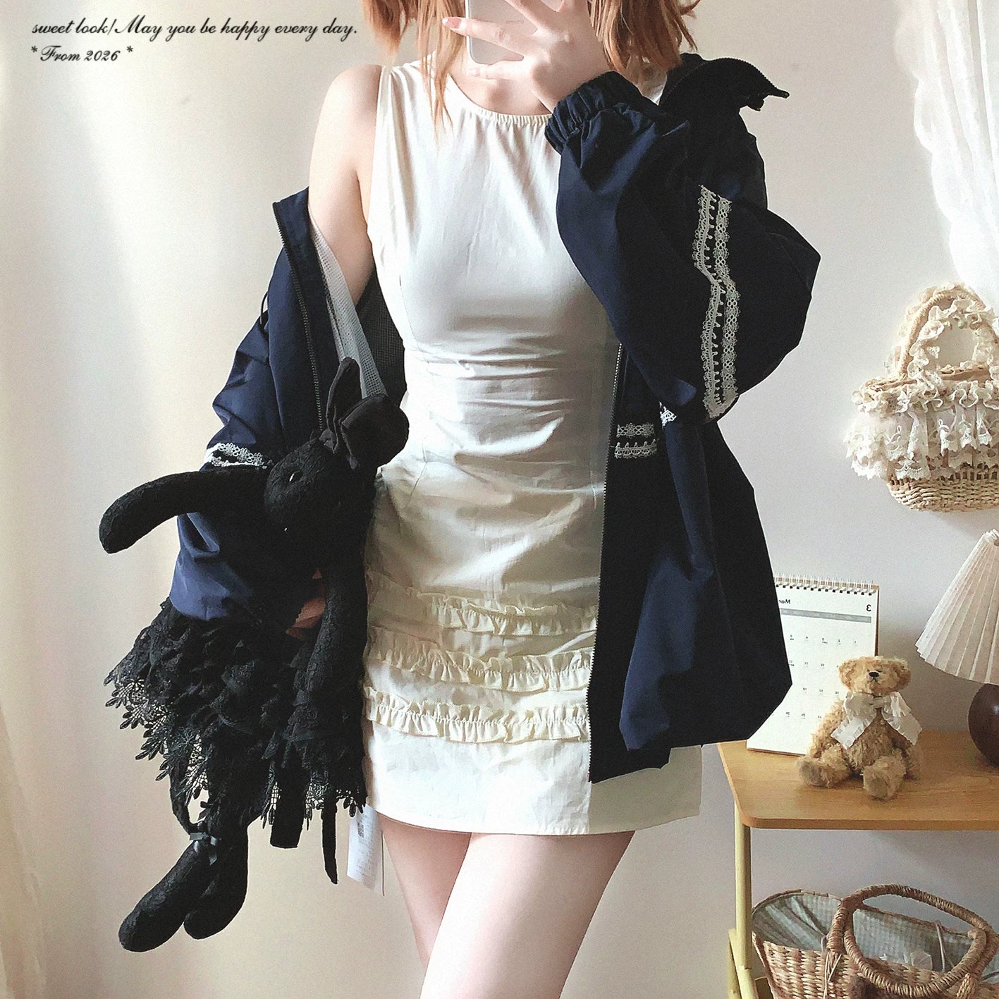 Last-Stock Sale xycdg Sweet Girl Minimal Solid Color Round-Neck Cotton Dress with Ear-Edge Lace Sleeveless