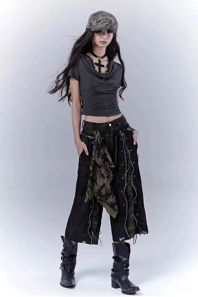 Camouflage Distressed Cropped Pants + Scarf