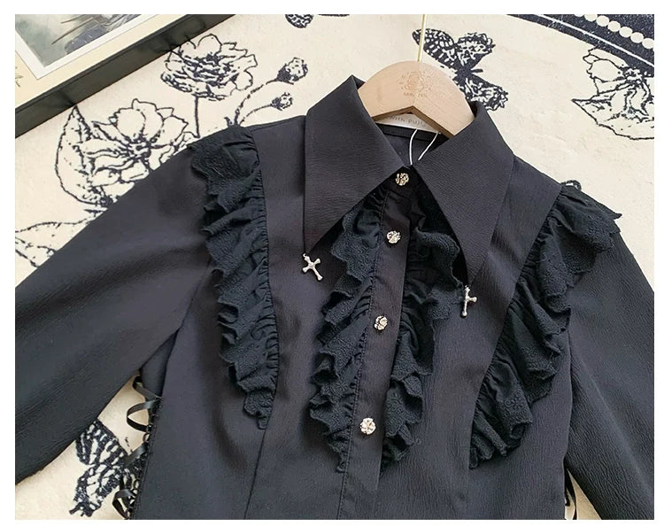 Gothic Lolita Blouse Black White Waist-Tie Shirt