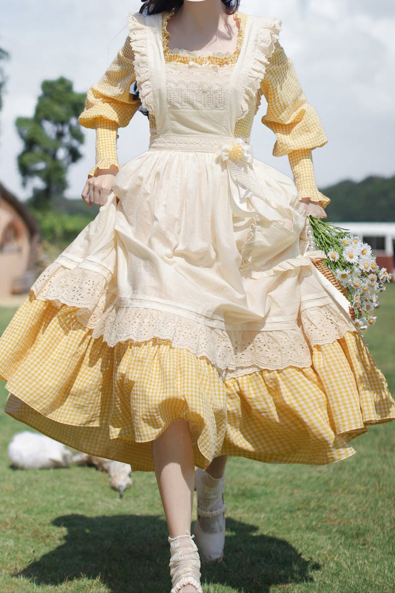 【Pre-order item】Retro Girly Yellow Dress + Apron + Ribbon