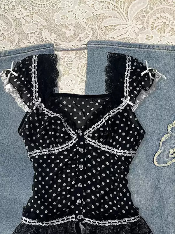 Dark Coquette Lace Polka Dot Chiffon Shirt