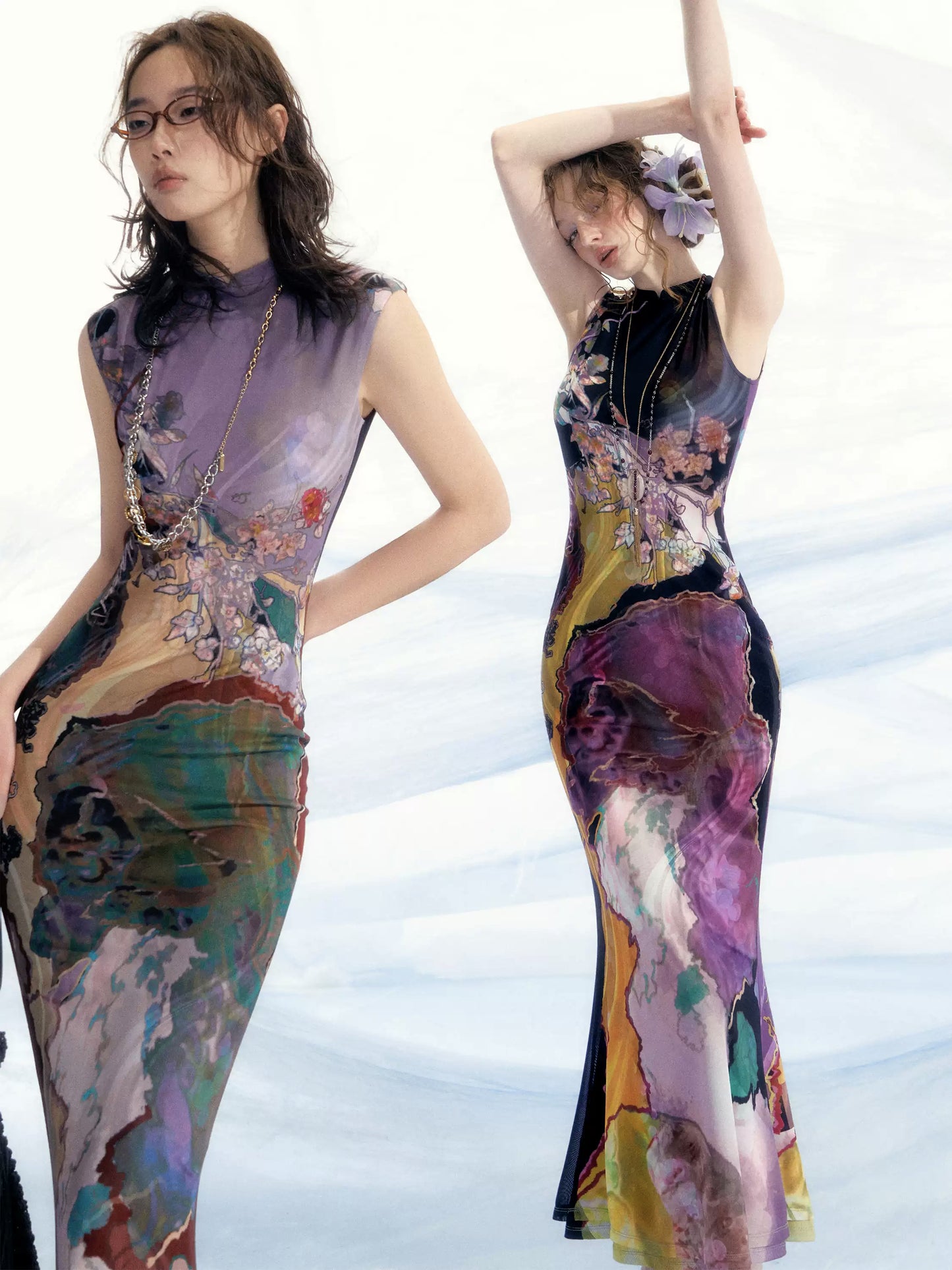 Chinese Print Cheongsam Dress