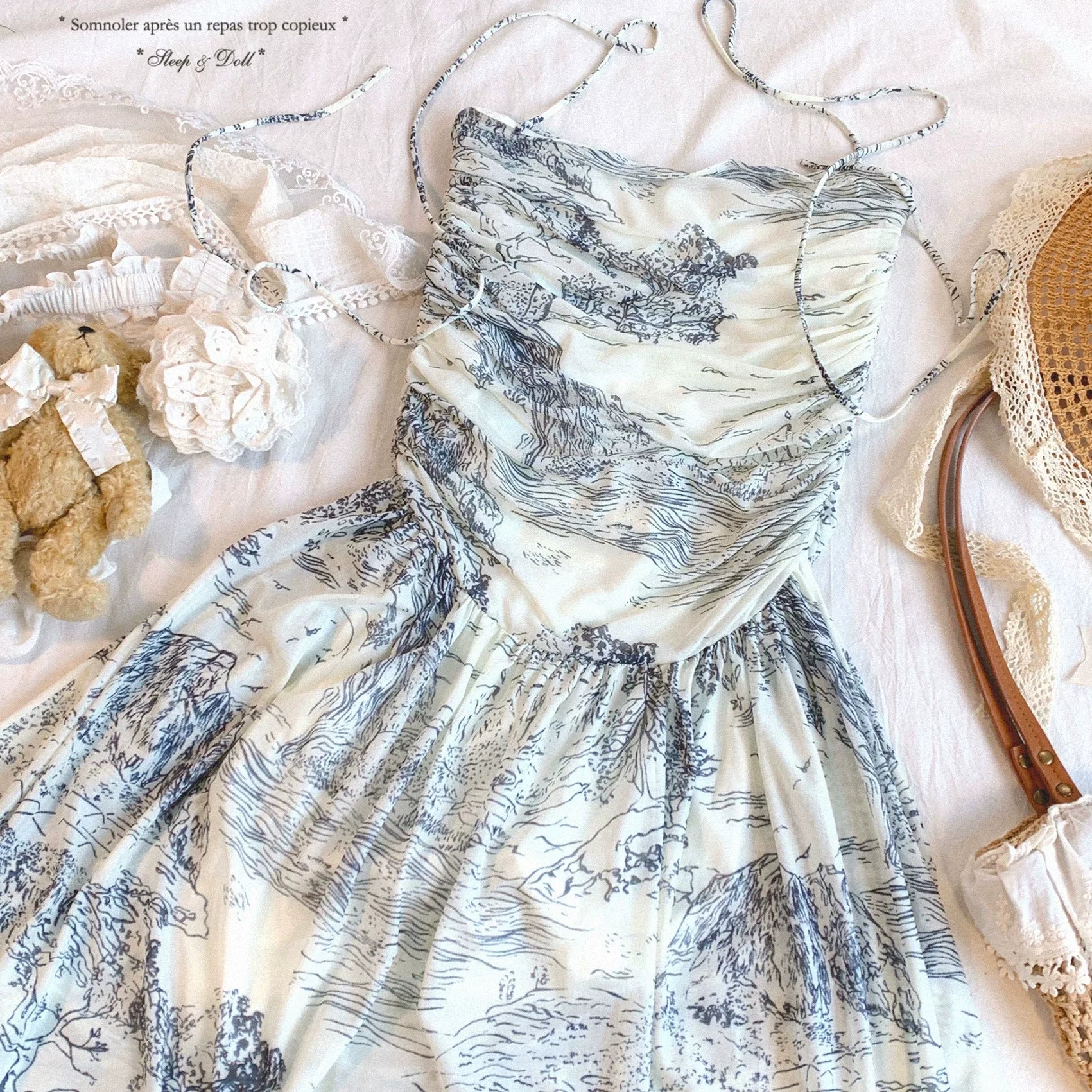Last-Call XLXY New Chinese-Style Hand-Painted Ink Wash Vintage Landscape Print Tie-Belt Waist Bandeau Slip Dress *f