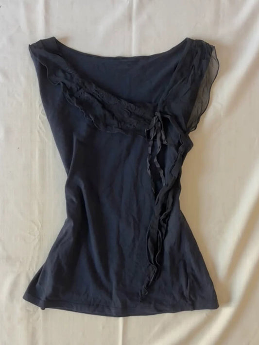 Blue Lace Trim Tank Top | Vintage Sleeveless Summer Top for Women Navy