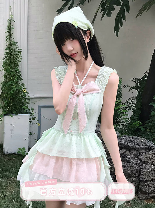 LaLa Sauce Semi-Sweet Guava Gingham Dot Dress with Guava Color—Dopamine Cute Cake Dress for Women