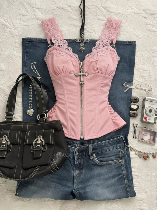 Pink Patchwork Lace Camisole Top for Women – Summer Indie Design, Youthful Style, Girl Vibe