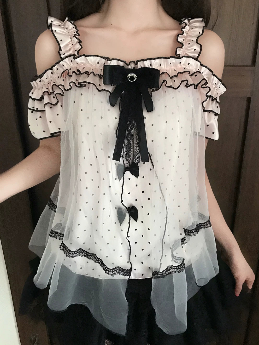 LaLa Sauce Star Lei Polka Dot Tulle Sweetheart Off-Shoulder Top with Bow and Lace Trim Loose Camisole for Girls