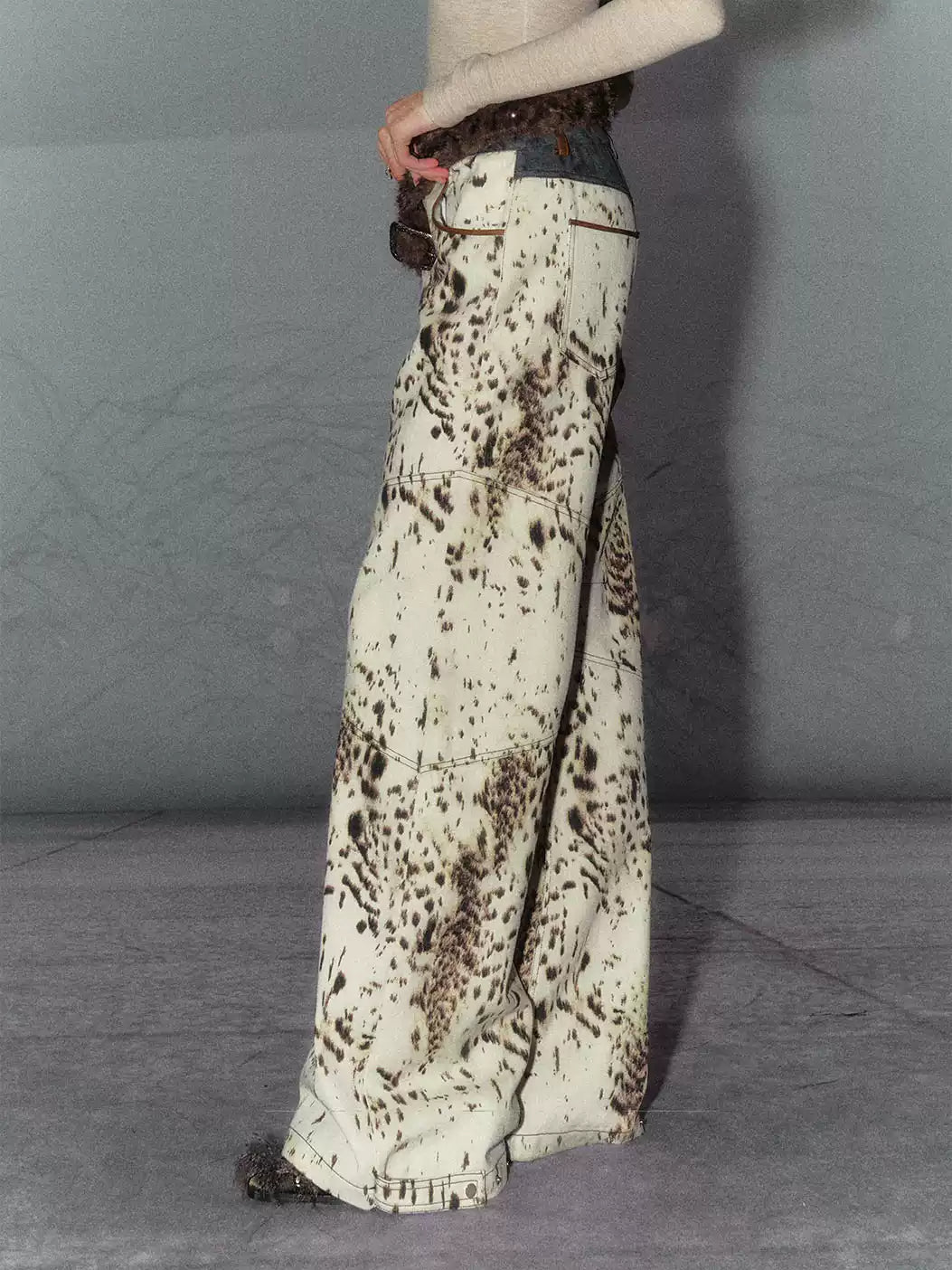 American Leopard Print Denim Wide Leg Pants