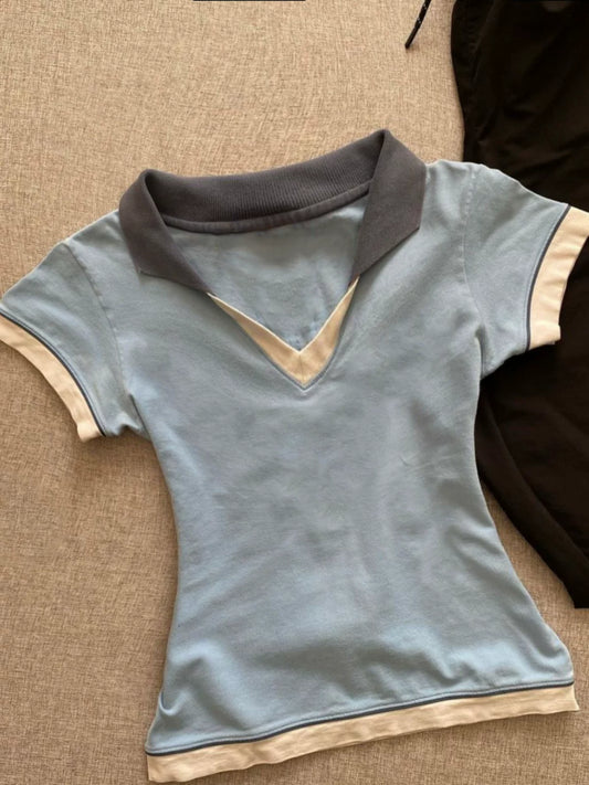 Blue V-Neck Cinched-Waist Short-Sleeve T-Shirt American Vintage Retro Outfit Straight-Shoulder Polo Top Trend