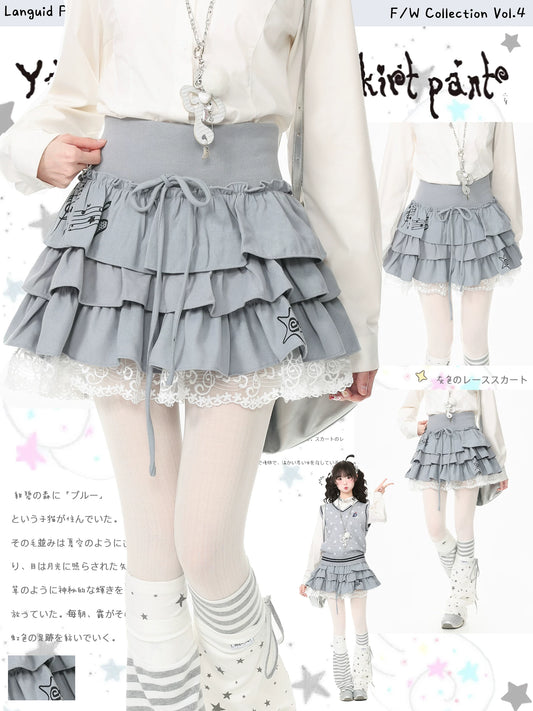 Blue Ghost Park Languid Park Star Home Cute Puffy Half Skirt Lace Trim Short Skirt for Women, Summer