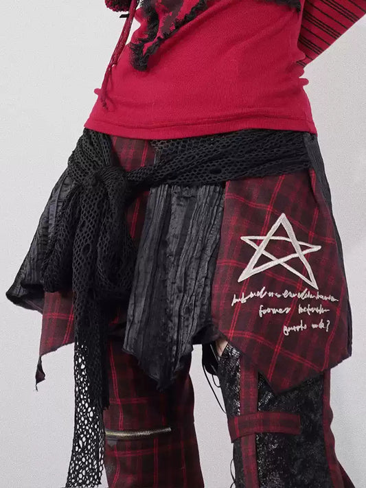 Red and black spliced irregular plaid skirt