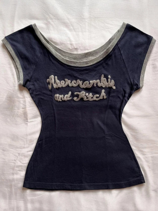 American Vintage Navy Blue Letter Short-Sleeve T-Shirt for Women—Design-Forward, Boutique Style, Perfect for Petite Figures