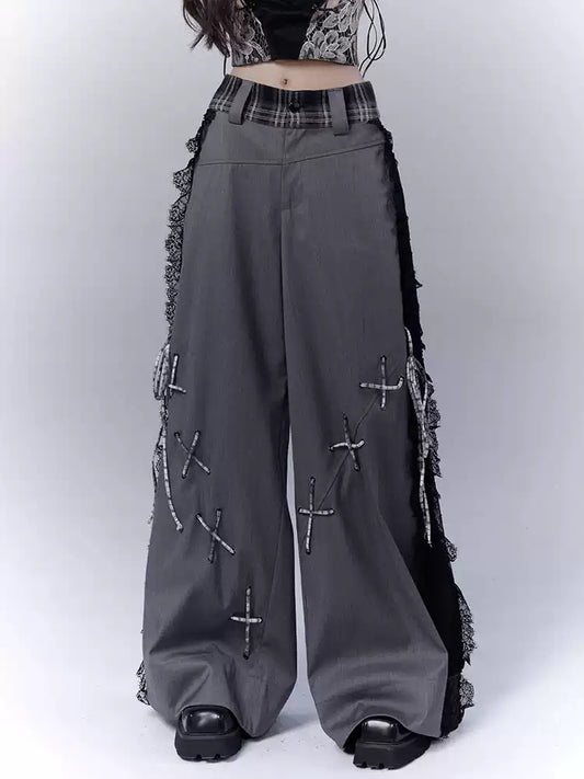 hollow lace stitching suit pants