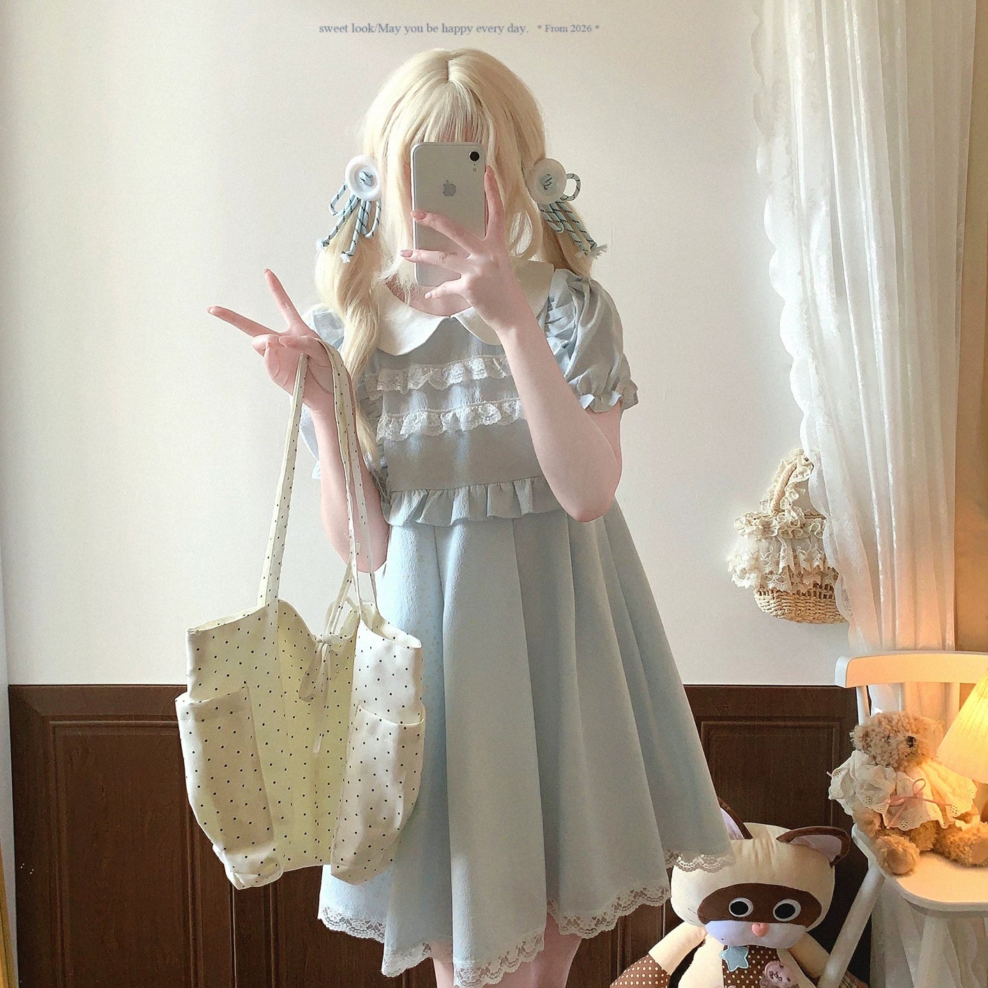 Last-Season Clearance NCX* Sweet Style Adorable Doll Collar Lace Ruffle Puff Sleeves High-Waist Dress