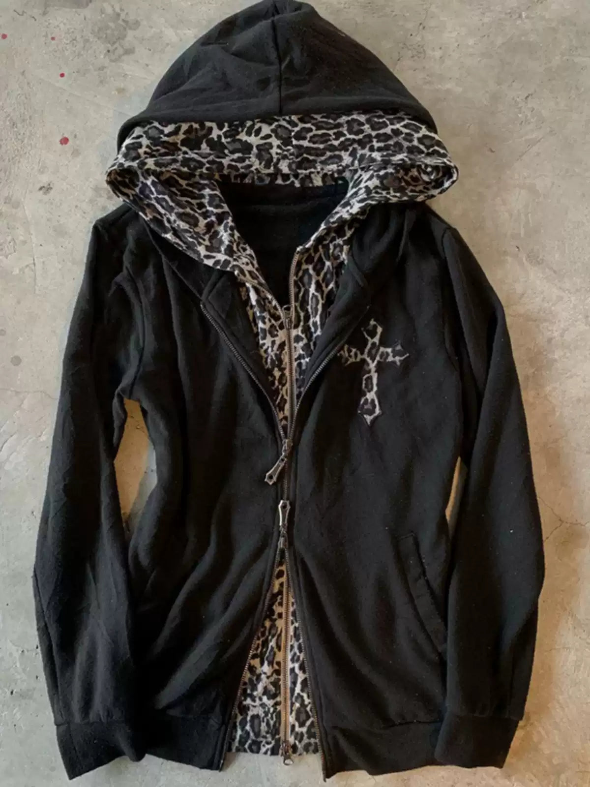 retro fake two-piece hooded leopard sweatshirt jacket