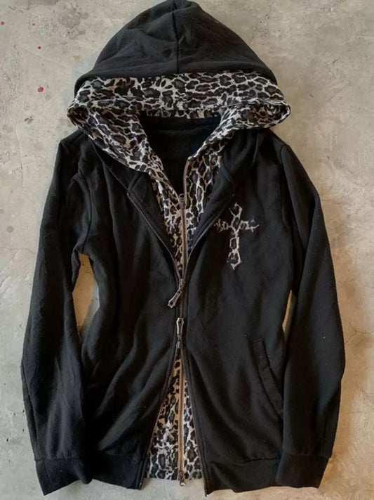 retro fake two-piece hooded leopard sweatshirt jacket