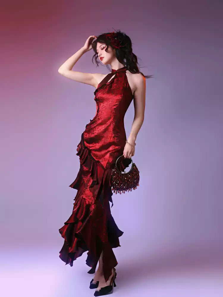 Irregular Ruffled Halter Neck Fishtail Dress