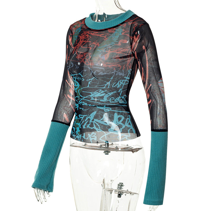 Long-sleeved Mesh Printed Top