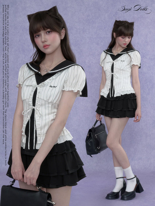 SagiDolls Girls “Fighting Spirit” #Yokohama Sail# White Sailor Collar Striped Faux Two-Piece Blouse Sweet & Slimming