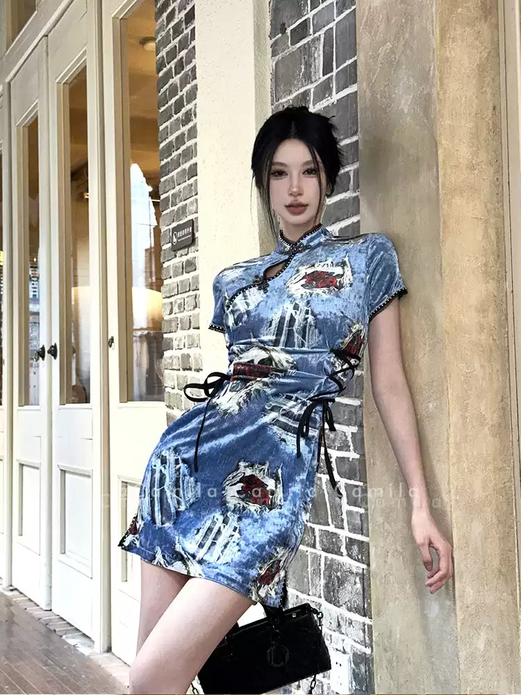 Blue Velvet Denim Stretch Cheongsam Dress