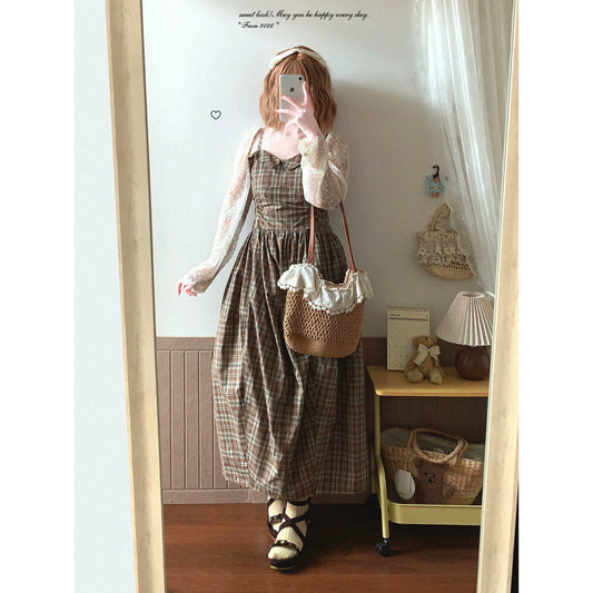 Last-Season Clearance yxt* Mori Retro Plaid Print Ruffled Sweet Babydoll Dress with Turn-Down Collar Slip