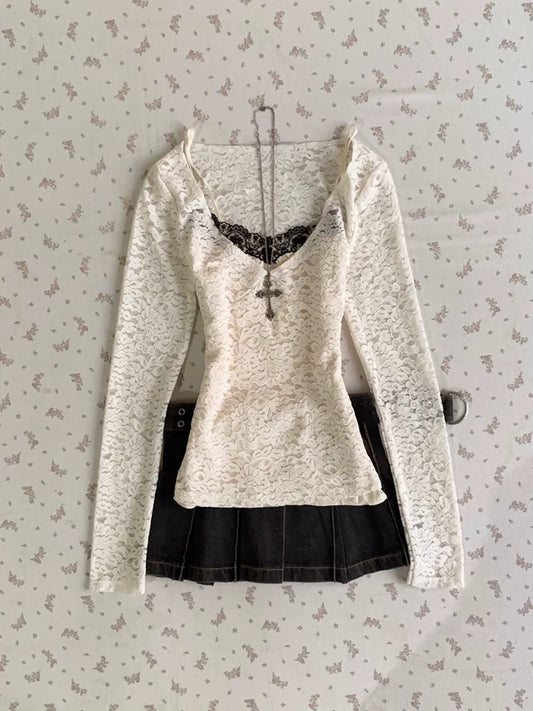 French-Inspired White Lace Blouse | Romantic Feminine V-Neck Top for Women