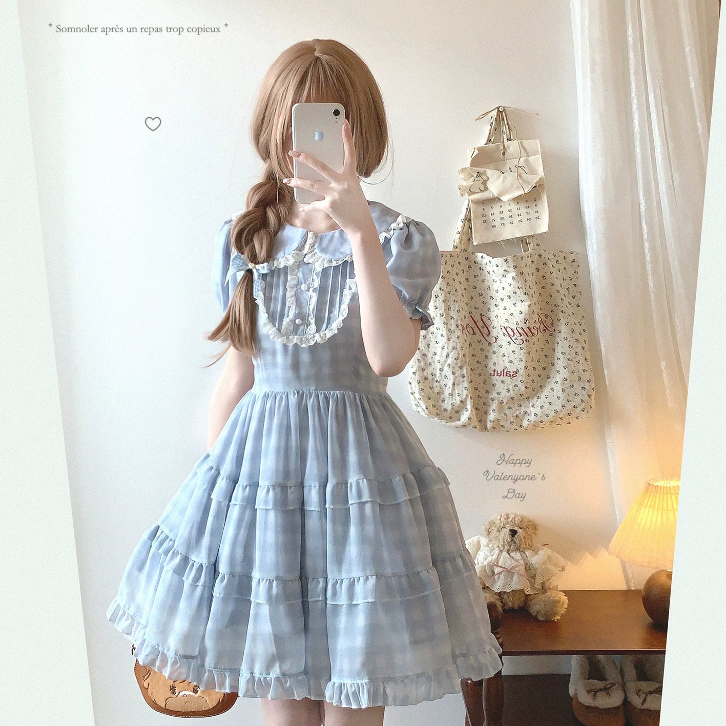 sleepingdoll Handmade Cute Lace Peter Pan Collar Doll-Style Cake Dress Plaid Bubble Sleeves