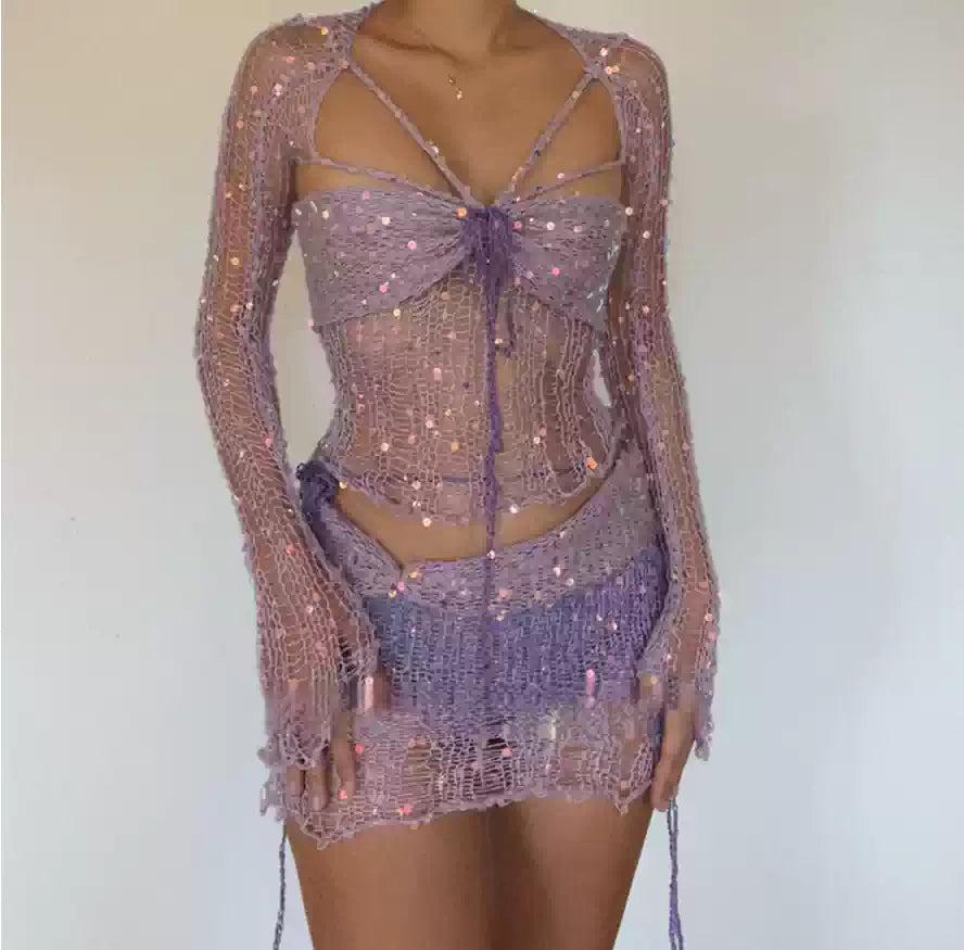 Baddie Sequined See-through Knitted Suit