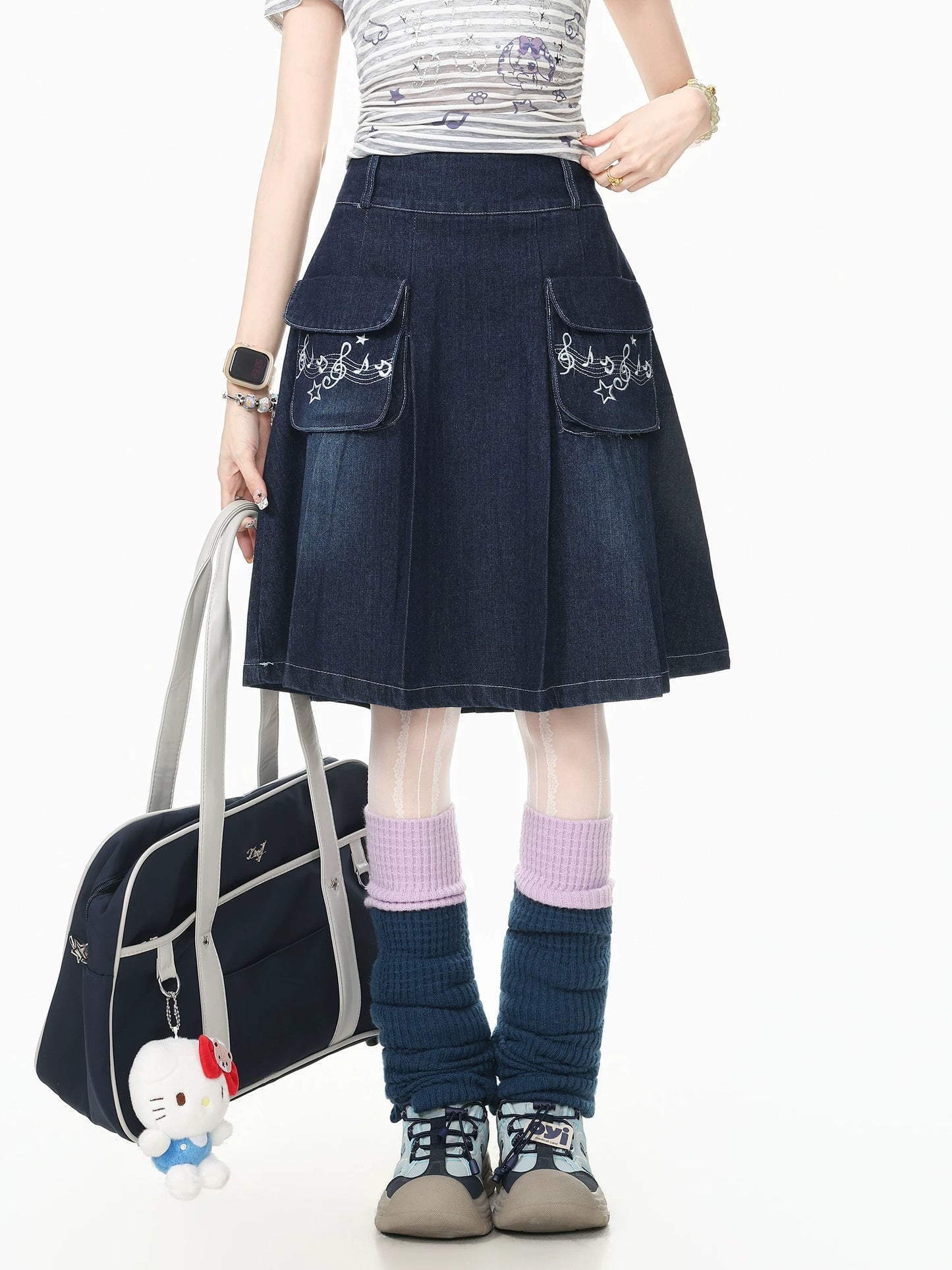 Blue Ghost Park Languid Park Embroidered Pocket Pleated Denim Midi Skirt for Women, Summer New Style