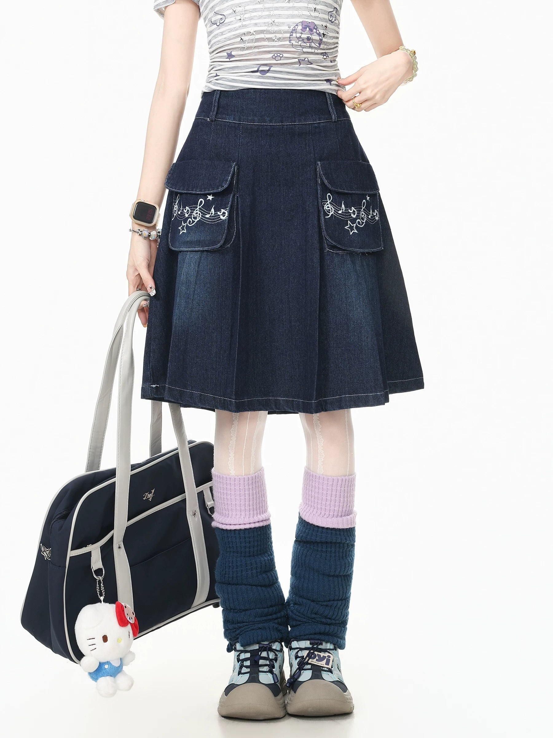 Blue Ghost Park Languid Park Embroidered Pocket Pleated Denim Midi Skirt for Women, Summer New Style