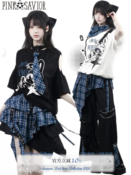 pinksavior【Deep Sea Records】Summer Short-Sleeve Blue Color-Block Playful Casual Slimming Top & Long Pants Set