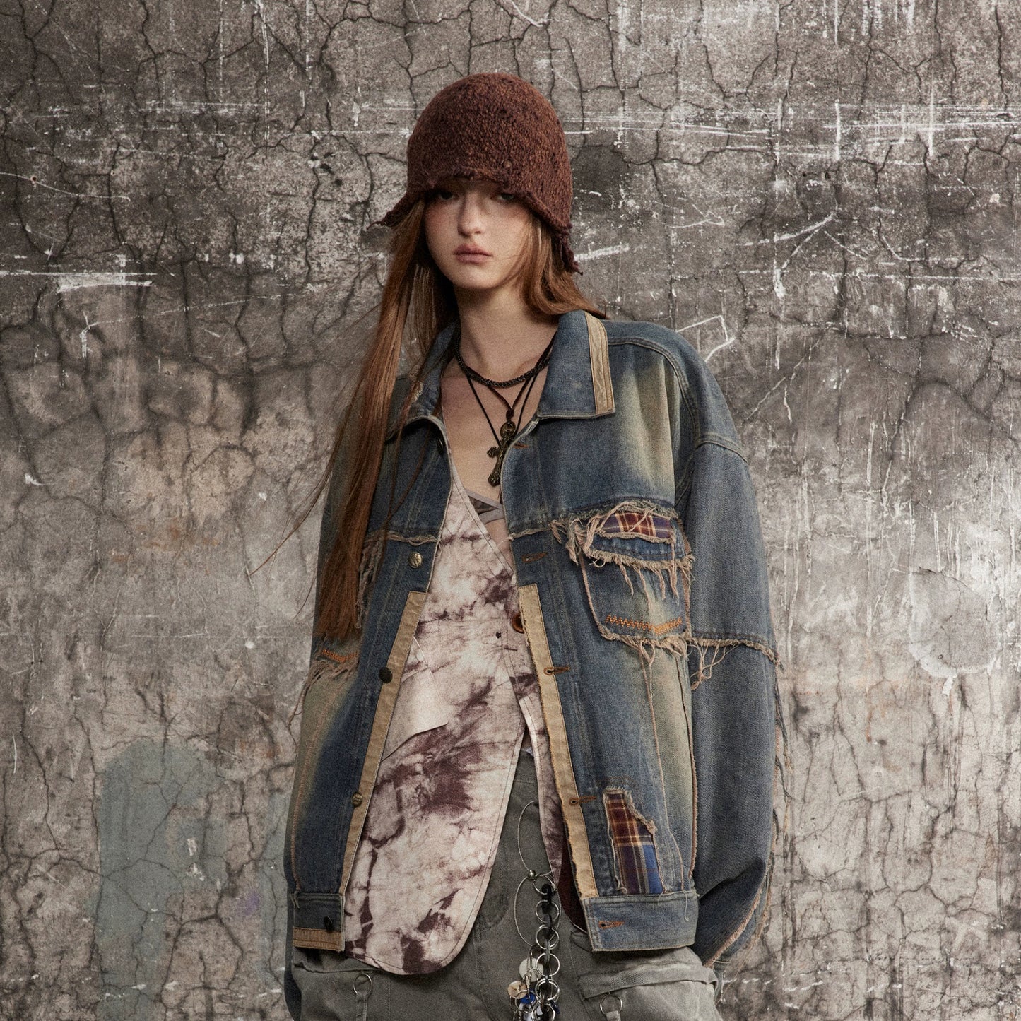 American high street distressed raw edge silhouette denim jacket