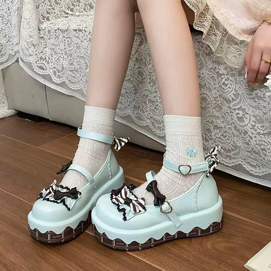 Vanilla Sweet Lolita Bow Chocolate “Dopamine” Mary Jane Platform Heels, Cute Pure-Style Little Girl Style