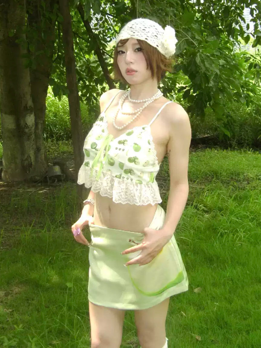 green apple printed lace tie cute little vest