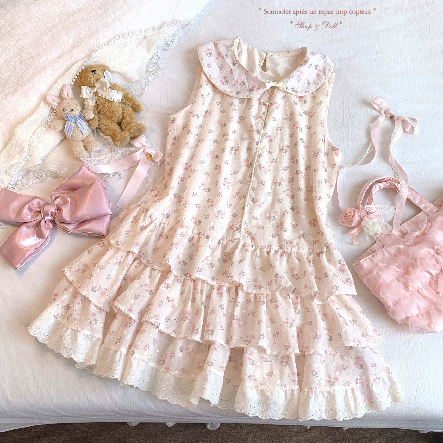 sleepingdoll Handmade* Floral Cake Dress Doll Collar Sweet & Fresh Frilly Floral Tiered Skirt Dress